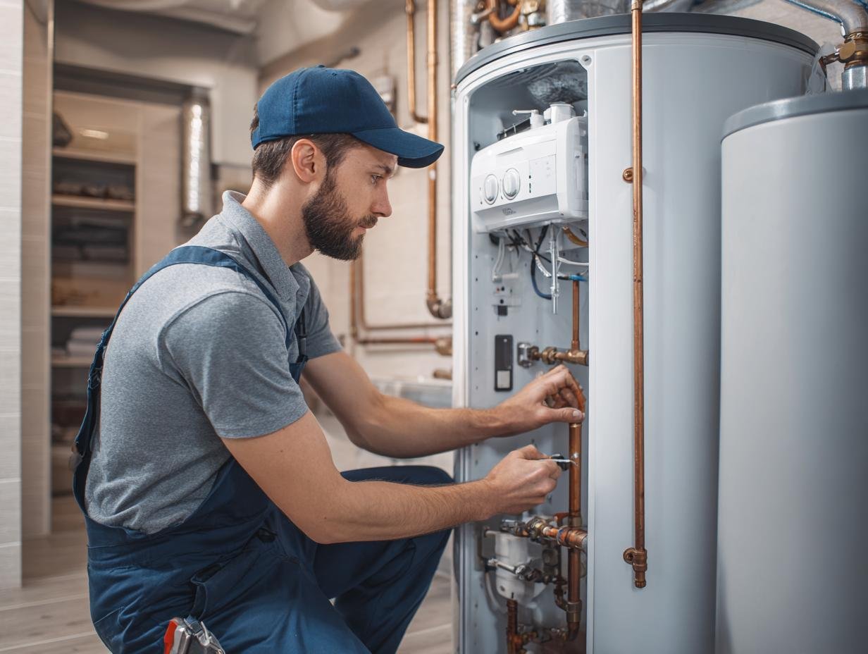 Technician servicing a water heater