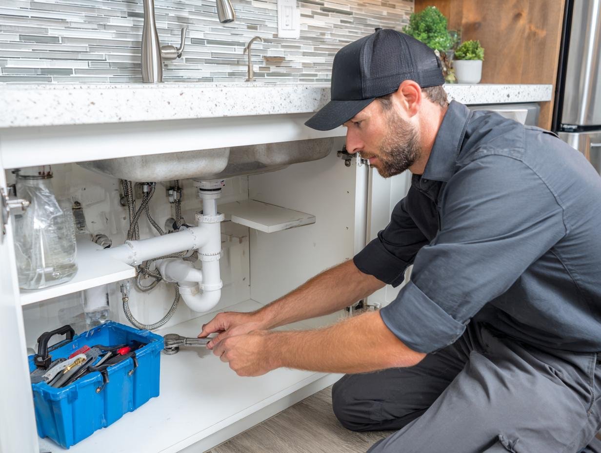 Plumber working under a kitchen sink